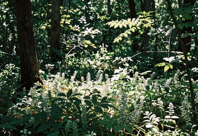 A sun-drenched forest floor with small wild plants and dappled light filtering through the canopy, peaceful and clean North American woodland atmosphere.