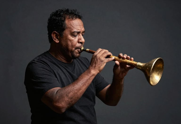 An Angolana musician playing a traditional instrument in a dark studio, cinematic key lighting, deep dark slate grey shadows and gold accents on the instrument.