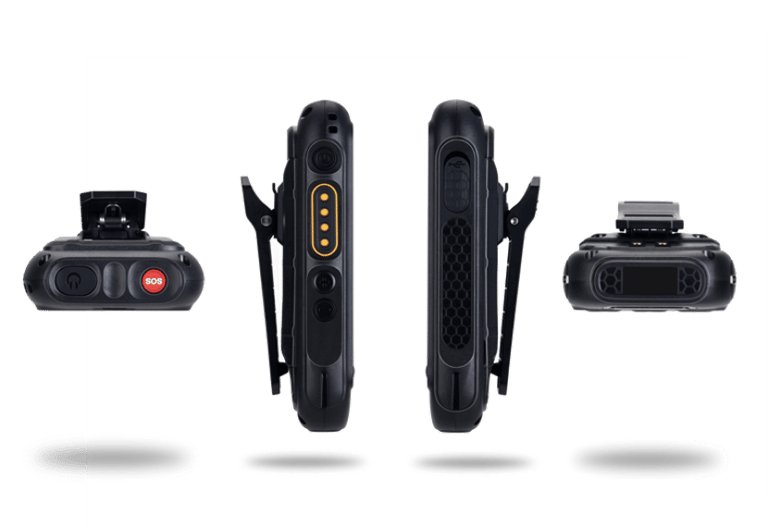 Radio RugGear RG360, vista de sus 4 lados y botón PTT