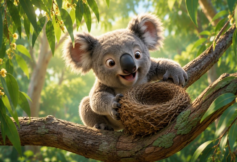 A cute animated koala smiling while holding a bird nest in a eucalyptus tree.