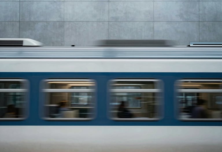 Street photography capturing the motion blur of a passing train against a clean, modern station wall, steel blue grey tones, International / Western.
