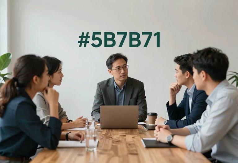An intellectual gathering in a refined, minimalist space, showing experts in conversation around a wooden table. Subtle branding colors #5B7B71 integrated into the room's decor.