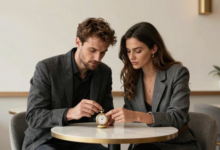 A stylish couple sitting in a minimalist cafe in Istanbul, looking at a golden pocket watch. High contrast lighting with off-white and charcoal tones.