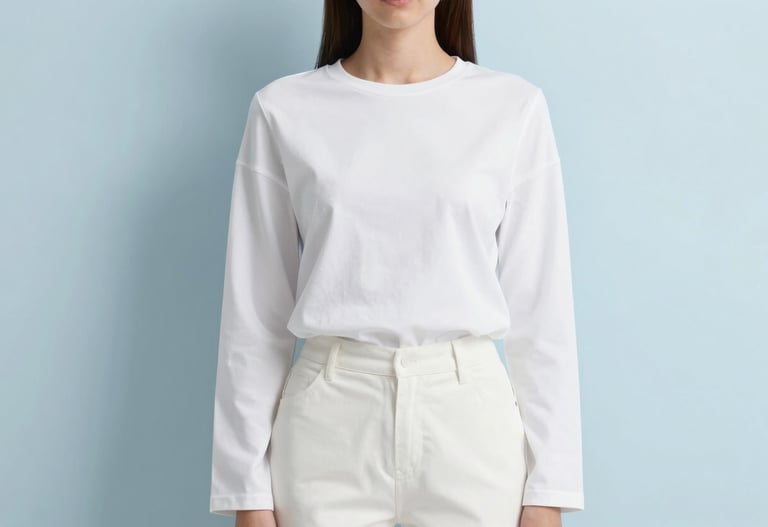 Editorial fashion shot, minimalist white clothing, soft blue shadows #98C1D9, clean studio background #E0FBFC, AI generated excellence.