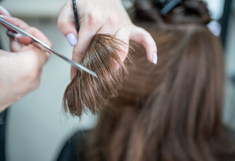Haircut close-up with scissors and brown hair