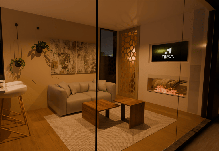 Interior de vivienda de construcción modular con salón moderno y diseño contemporáneo