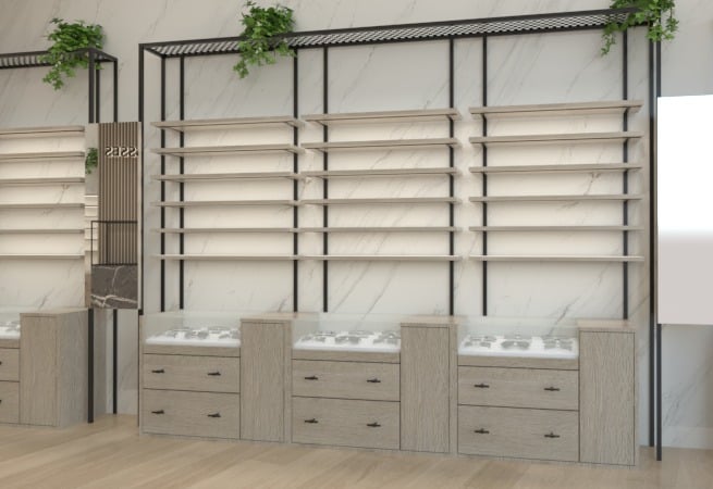 Diseño de interiores para ópticas, mueble expositor con estantes y vegetación decorativa.