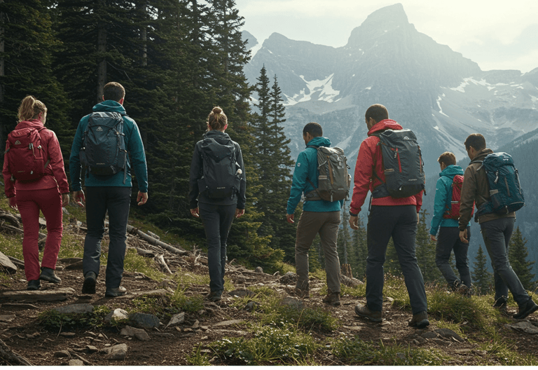 a group of people walking up a mountain