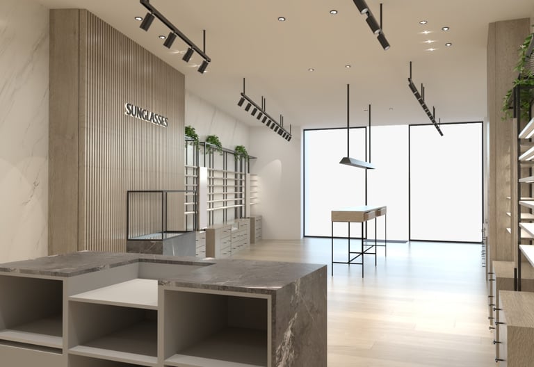 Diseño interior de óptica moderna por MSDecop, con mostradores y estanterías de exposición.