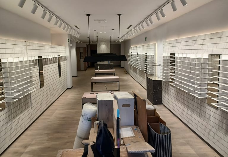 Reforma y montaje de óptica moderna por MSDecop. Diseño interior y mobiliario en instalación.