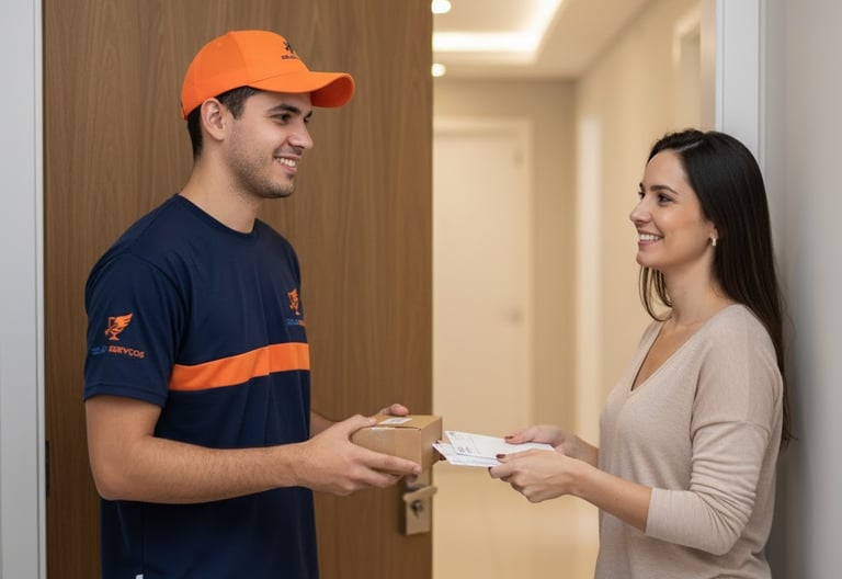colaborador da empresa fazendo entregas de encomendas para moradora,