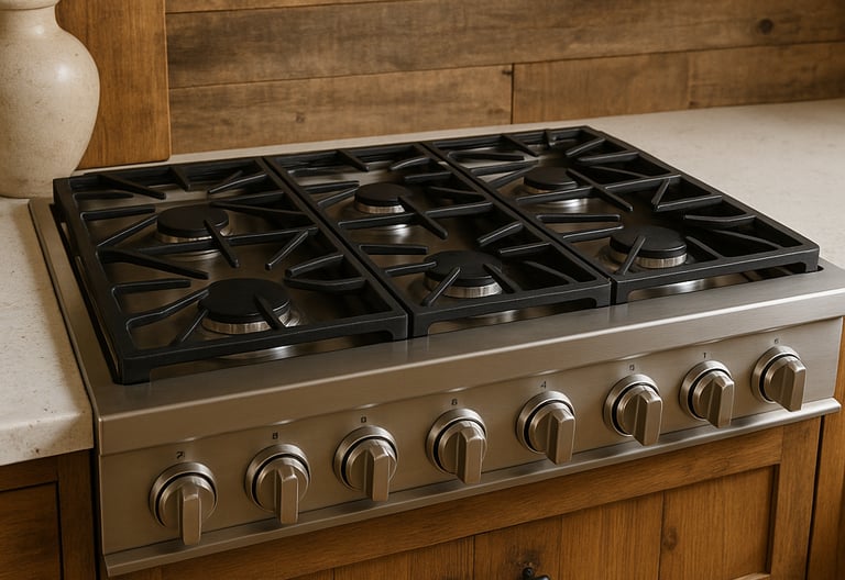 Six-burner gas cooktop in a rustic farmhouse kitchen with wood cabinetry and stone countert
