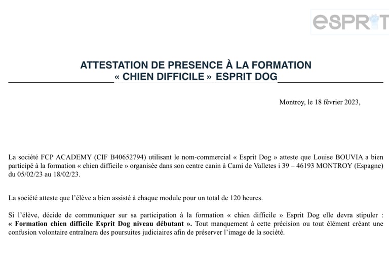 Attestation de présence formation chien difficile Esprit Dog Pro