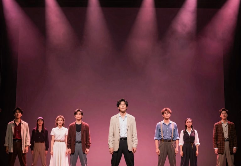 Full stage shot of a theater production with dynamic light cues featuring light pink and deep burgundy hues, focused on North American / US actors in a dramatic scene.