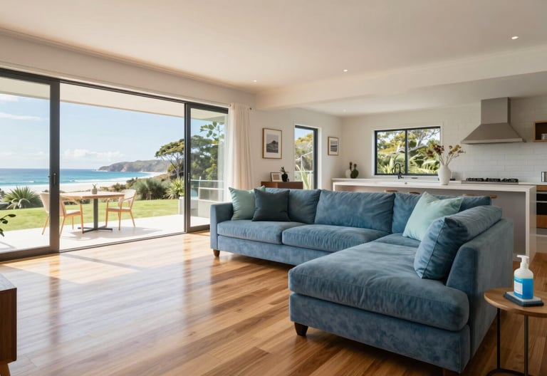 A bright and airy living room in a modern Australian coastal home on the Bellarine Peninsula. The space is pristine with polished wooden floors and large windows. Soft natural light illuminates Alice Blue and light teal cushions. A professional cleaning kit is subtly placed on a side table. High-end photography style, wide angle.
