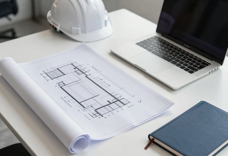 A clean, high-angle photograph of an HVAC engineer's workspace in a South American / Brazilian office. A detailed blueprint is unfolded on a white desk next to a sleek laptop and a dark blue notebook. The lighting is bright and natural, conveying a professional and focused atmosphere.