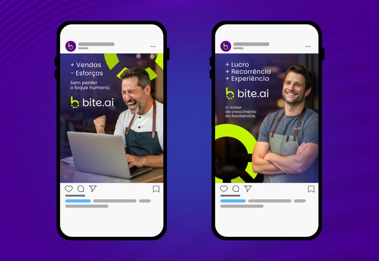 Duas telas de smartphone exibem posts da bite.ai, com empreendedores de avental, textos promocionais