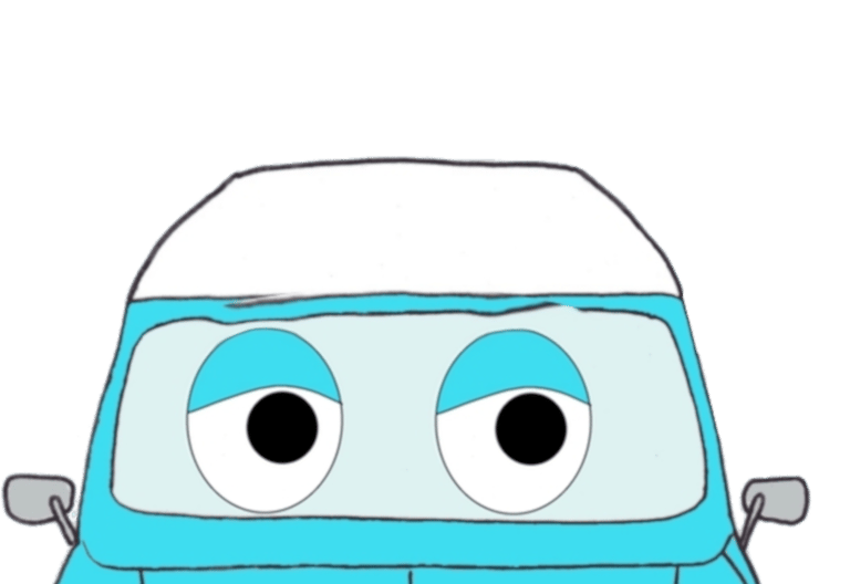 a cartoon car with big eyes looking up to the right