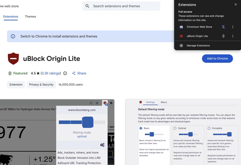 Screenshot of uBlock Origin Lite on the Chrome Web Store featuring the add to chrome button and extension settings.
