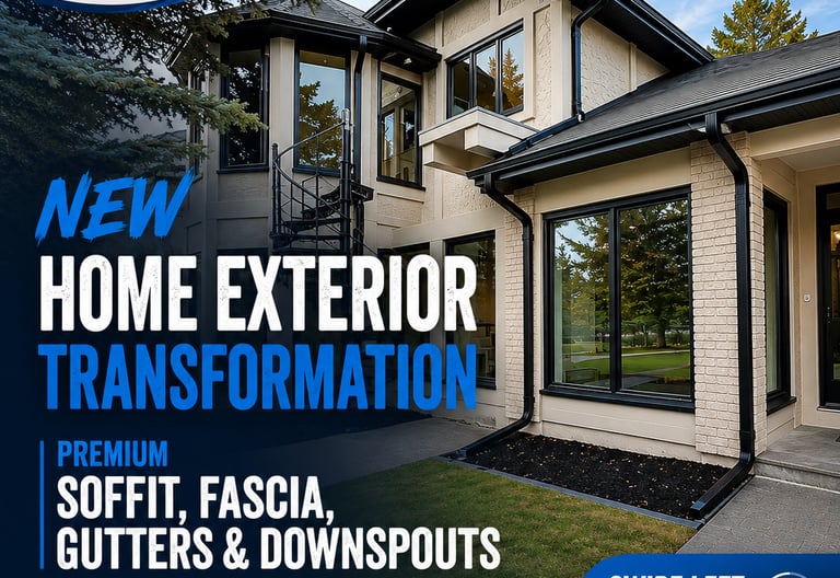 New home exterior transformation Calgary with soffit fascia gutters downspouts by EverDrains"