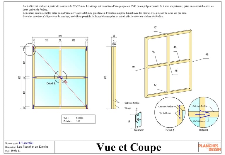 Plan abri de jardin PDF avec vue 3D dimensions et détails de construction