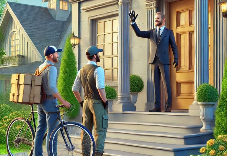 a man in a suit and two men with a bicycle in front of a house