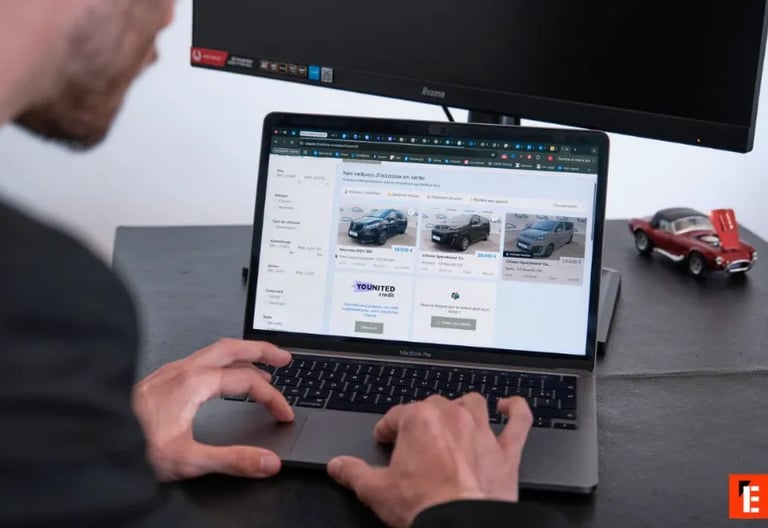 Personne consultant des annonces de voitures d’occasion sur un MacBook