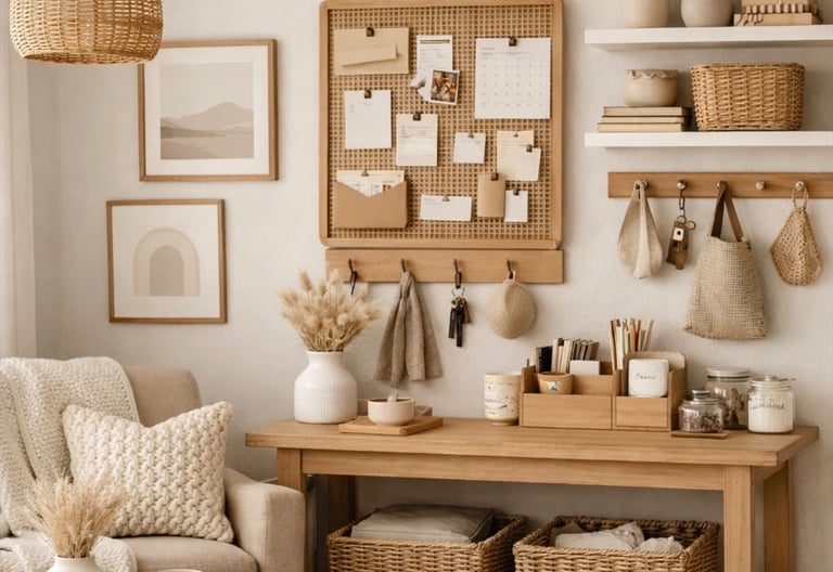 A Japandi-style home office with a wooden desk, wicker storage baskets, and a minimalist pegboard organizer.