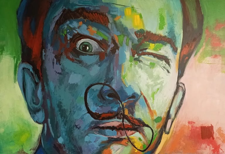 Hand-painted oil portrait of Salvador Dalí in a spontaneous realism style, featuring bold brushstrok