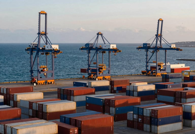 Fotografía de un terminal portuario comercial moderno al atardecer en Latinoamérica. Contenedores de carga apilados frente a un océano azul profundo bajo un cielo despejado. Calidad profesional.