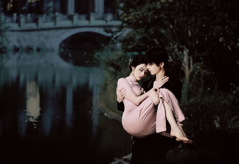 Man in black suit carrying a woman in a pink qipao dress by a misty lake near a stone bridge.