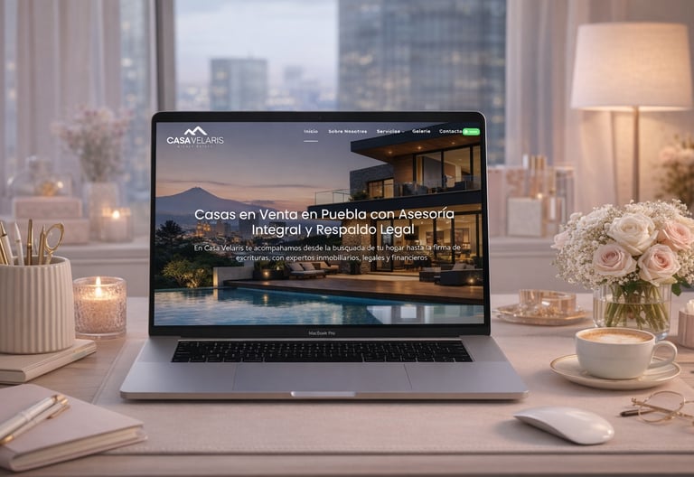 Laptop displaying Casa Velaris real estate website for luxury houses for sale in Puebla, Mexico.