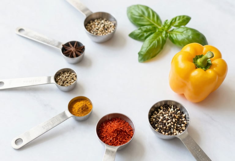 Bright high-key food photography, soft natural daylight, clean white marble background, a structured layout of fresh ingredients, measuring spoons with spices, crisp details.