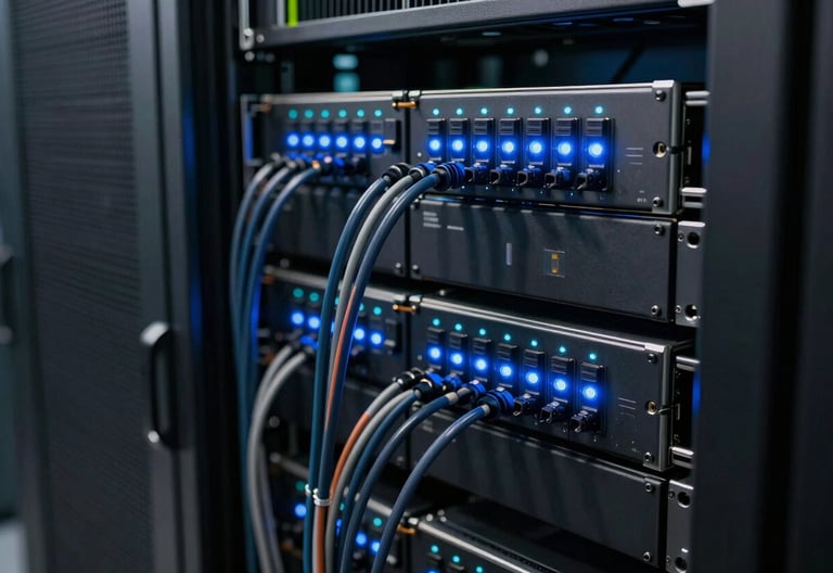 A close-up photograph of advanced hardware in a high-tech data center located in North America. The scene features glowing blue indicator lights and organized cabling, conveying a sense of cutting-edge data processing and secure technology systems.