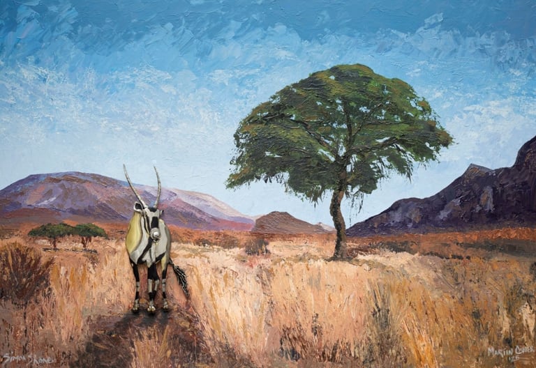 Mixed media artwork of a gemsbok sculpted in 3D relief standing in a dry savanna landscape, with mountains and a single tree,