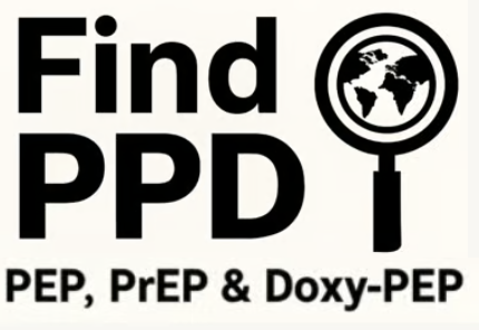 Find PPD PEP, PrEP & DoxyPEP with magnifying glass with globe in the middle