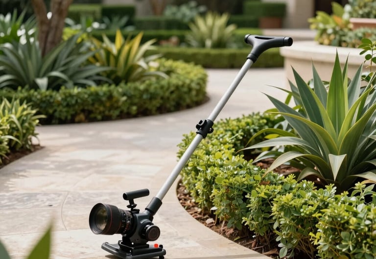 Photography of a manicured hotel garden and outdoor maintenance. Professional gardening equipment, lush native Latin American plants, stone paths, bright daylight, high-quality maintenance service, sophisticated outdoor setting.