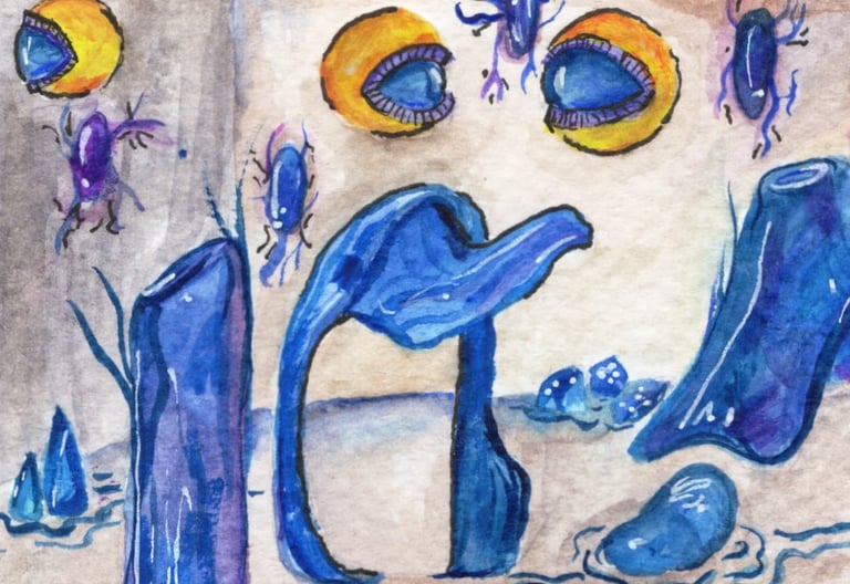 a painting of a blue abstract robotic future theme , watercolour painting 