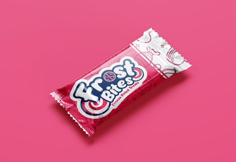 Playful and vibrant branding for Frost Bites Candy featuring bold colors and fun freeze-dried treat 
