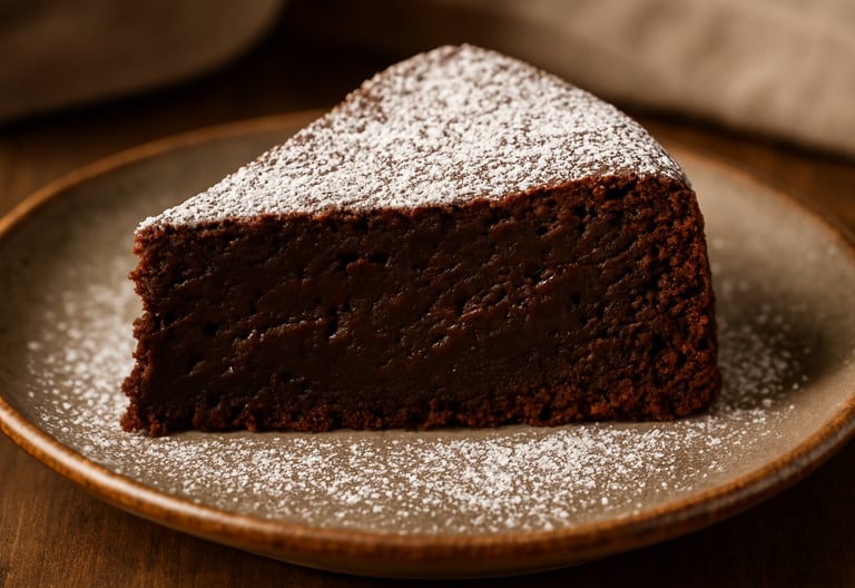 a piece of cake on a plate with powdered sugar on top