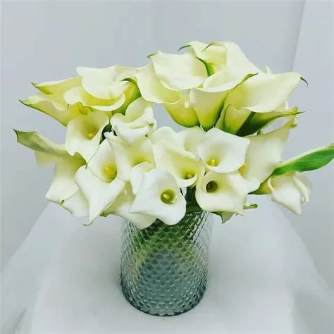 A large bouquet of white calla lilies with yellow centers in a textured grey-green glass vase.