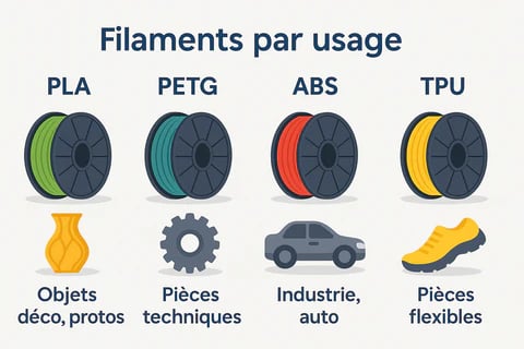 Exemples d'utilisations des differentes matieres utilisés en impression 3D