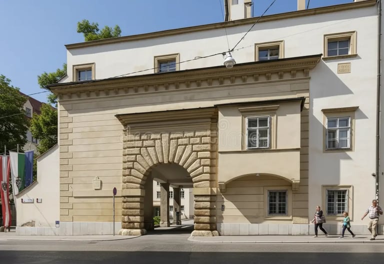 Historic stone gatehouse archway in Graz Austria on a sunny summer day