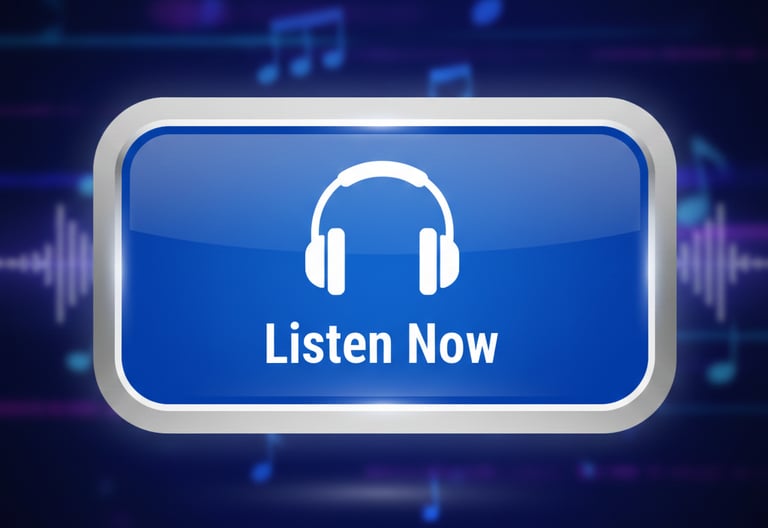 A glossy blue Listen Now button with a white headphone icon over a dark musical background.