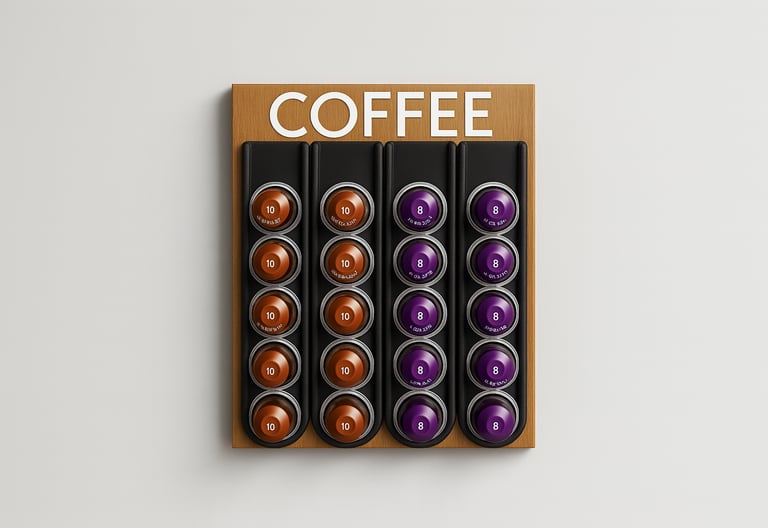 Nespresso Kapselhalter aus Eichenholz für Kaffeekapseln vor einem weißen Hintergrund