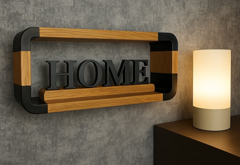 Schwebendes Wandregal mit "Home-Schild" montiert an einer Wand neben einer Lampe