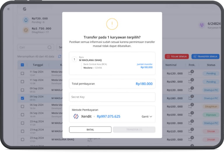 Tampilan Flexpay dengan fitur transfer ke karyawan dan manfaat utama untuk bisnis