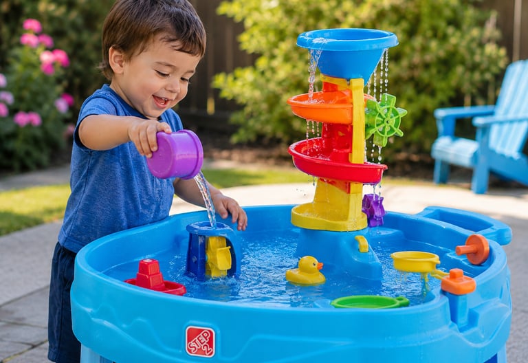 A boy playing at a water table.