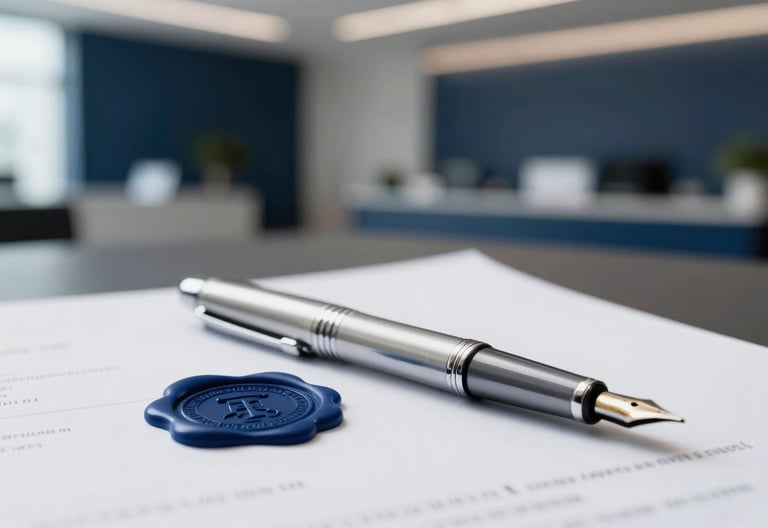 A sophisticated close-up of a silver fountain pen resting on a crisp white legal document with a visible dark blue wax seal. The background shows a blurred, modern executive office with deep navy blue accents and professional lighting. Style is clean, modern, and precise, incorporating the firm's colors.
