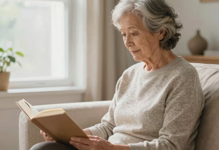 A caring nurse gently assisting an elderly woman in a bright, cozy home setting